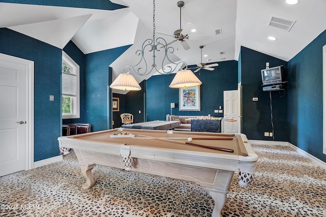 recreation room with pool table, a ceiling fan, high vaulted ceiling, baseboards, and recessed lighting