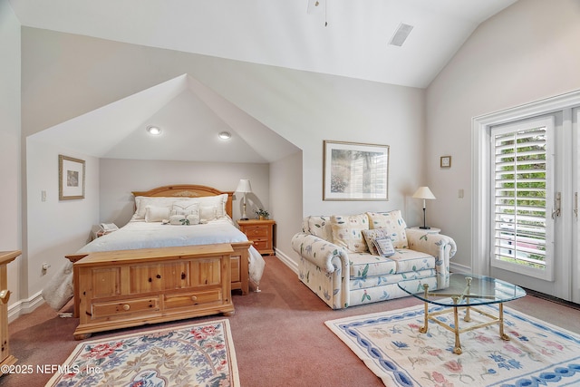 bedroom featuring vaulted ceiling, carpet flooring, access to outside, and baseboards
