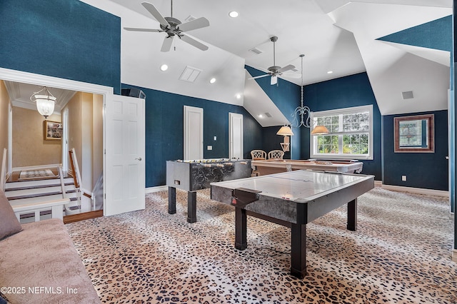 playroom featuring a ceiling fan, lofted ceiling, carpet floors, baseboards, and recessed lighting