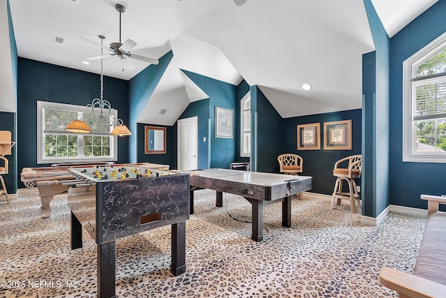 game room featuring ceiling fan, lofted ceiling, recessed lighting, baseboards, and carpet floors
