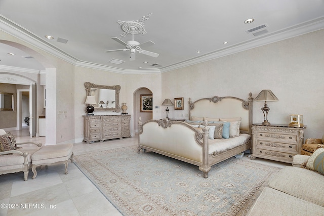 bedroom with arched walkways, ornamental molding, recessed lighting, and ceiling fan