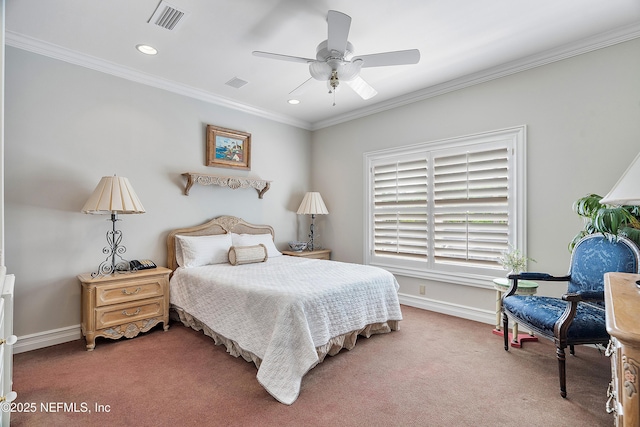 bedroom featuring carpet, crown molding, recessed lighting, baseboards, and ceiling fan