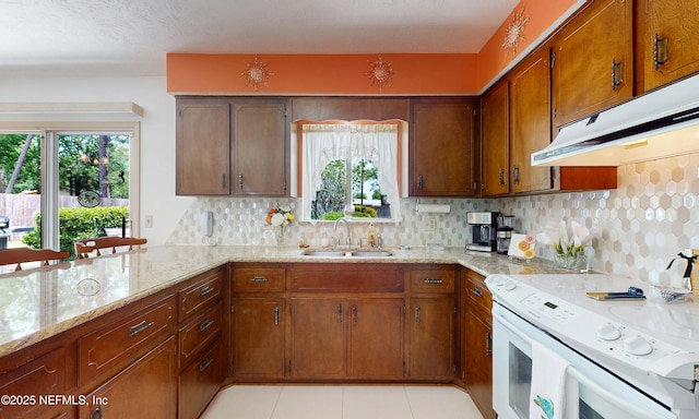 kitchen with a sink, a healthy amount of sunlight, white electric range, and under cabinet range hood