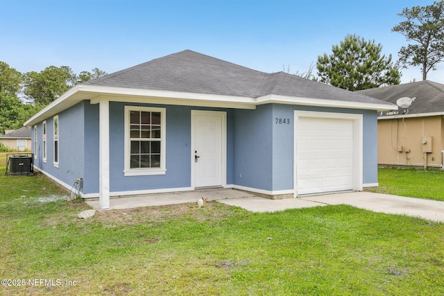 7843 India Ave, Jacksonville, FL 32211 - ranch-style house featuring stucco siding, a front lawn, central air condition unit, and a garage