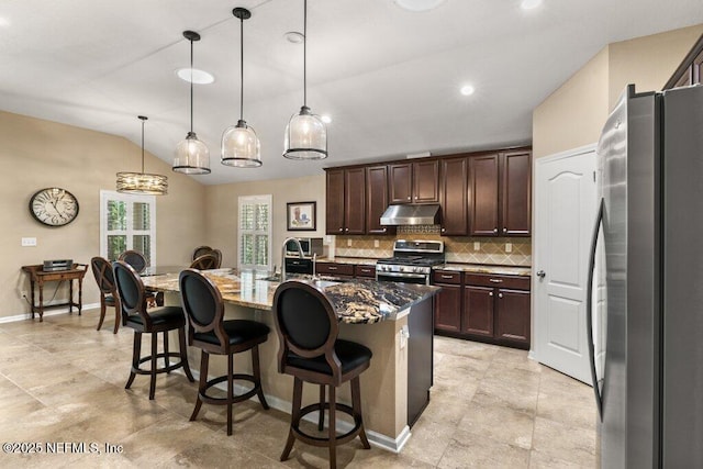 kitchen with appliances with stainless steel finishes, decorative backsplash, a kitchen bar, under cabinet range hood, and vaulted ceiling