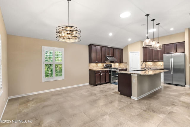 kitchen with dark brown cabinetry, a notable chandelier, appliances with stainless steel finishes, decorative backsplash, and under cabinet range hood