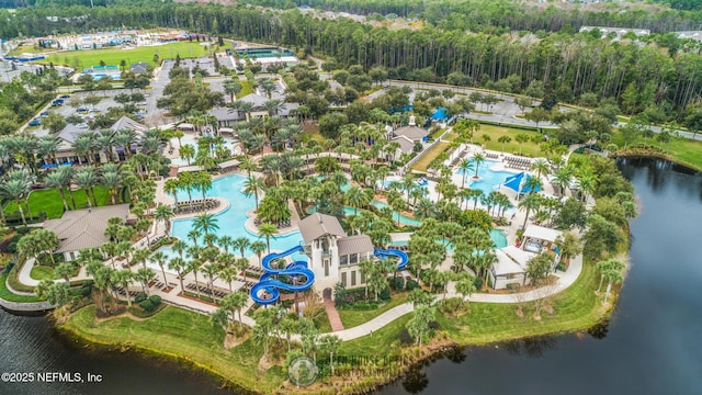 bird's eye view with a forest view and a water view