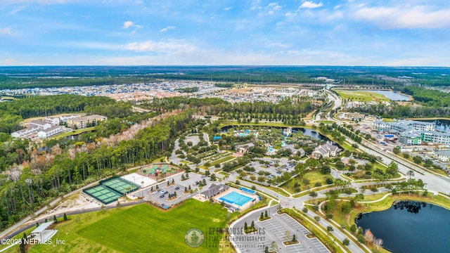 drone / aerial view featuring a water view