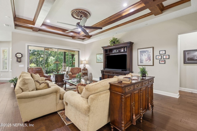 living room featuring visible vents, coffered ceiling, ceiling fan, and baseboards