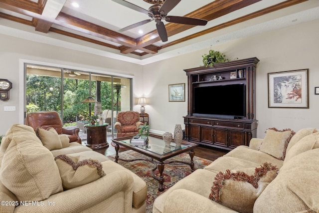 living room featuring a ceiling fan, dark wood finished floors, beam ceiling, coffered ceiling, and recessed lighting