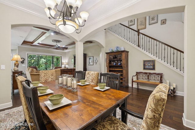 dining space with arched walkways, coffered ceiling, wood finished floors, and ornamental molding
