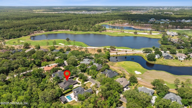 bird's eye view with a water view, a residential view, and golf course view
