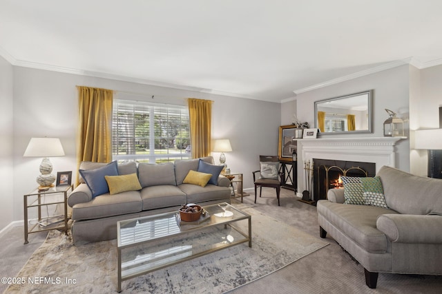carpeted living room featuring baseboards, a lit fireplace, and ornamental molding