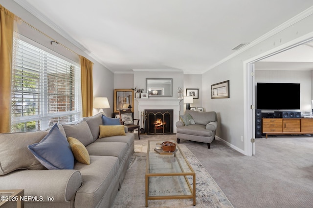 living room featuring a warm lit fireplace, light carpet, baseboards, visible vents, and ornamental molding