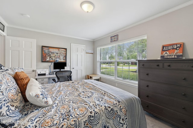 carpeted bedroom featuring ornamental molding