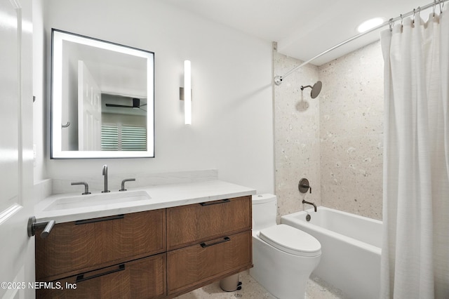 full bathroom with toilet, vanity, and shower / tub combo with curtain