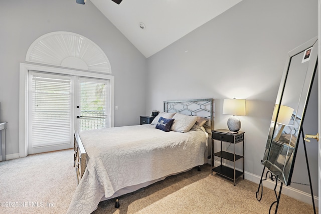 bedroom featuring baseboards, high vaulted ceiling, access to exterior, and carpet floors
