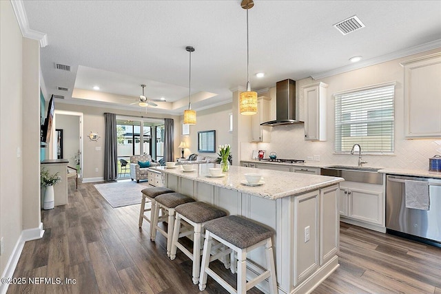 kitchen with wall chimney range hood, appliances with stainless steel finishes, a sink, a raised ceiling, and visible vents