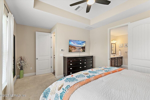 bedroom with baseboards, visible vents, ceiling fan, and carpet