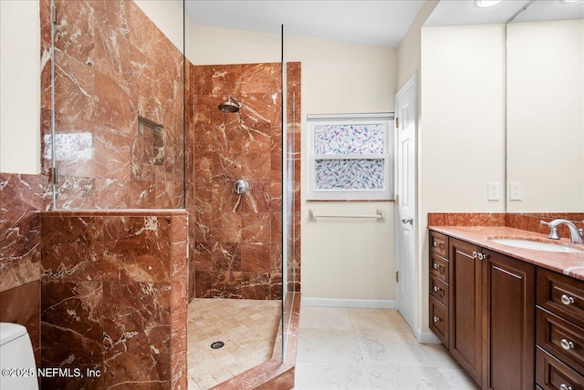 4201 San Pablo Rd S, Jacksonville, FL 32224 - full bath with toilet, vaulted ceiling, tiled shower, and vanity