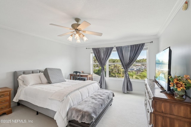 116 Lost Beach Ln, Ponte Vedra Beach, FL 32082 - bedroom with light colored carpet, a ceiling fan, baseboards, and crown molding
