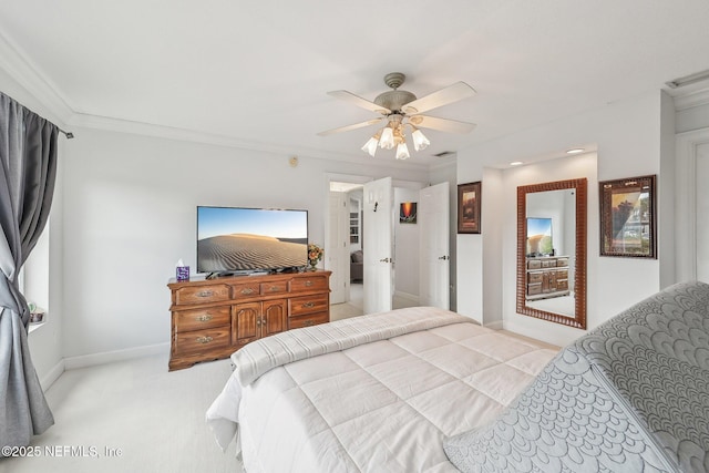 116 Lost Beach Ln, Ponte Vedra Beach, FL 32082 - bedroom featuring visible vents, ornamental molding, light carpet, baseboards, and a ceiling fan
