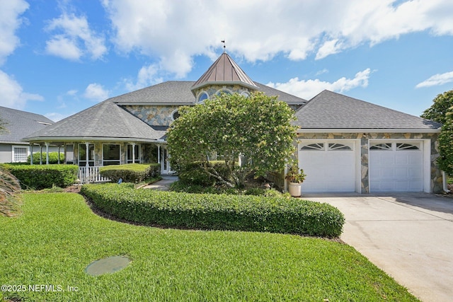 116 Lost Beach Ln, Ponte Vedra Beach, FL 32082 - view of front facade with a garage, covered porch, stone siding, a front yard, and concrete driveway