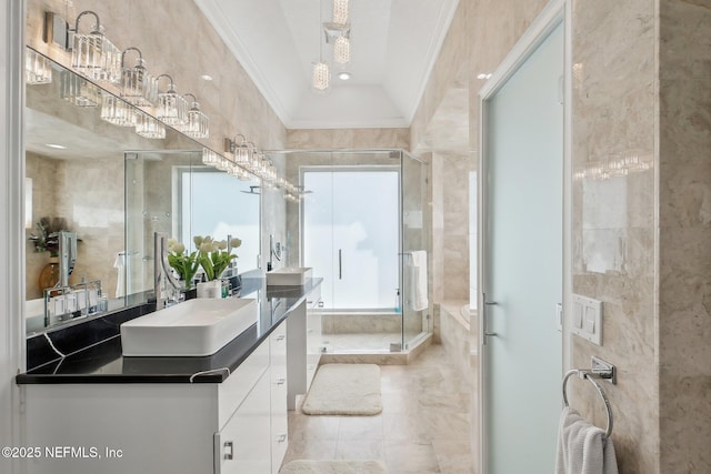 116 Lost Beach Ln, Ponte Vedra Beach, FL 32082 - bathroom with ornamental molding, a shower stall, and vanity