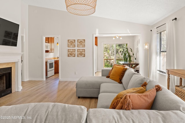 1625 Panther Ridge Ct, Jacksonville, FL 32225 - living area with lofted ceiling, a fireplace, light wood finished floors, and baseboards