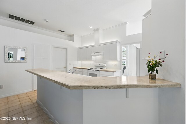 68 Webster Ln, Palm Coast, FL 32164 - kitchen featuring white range with electric stovetop, a breakfast bar, visible vents, under cabinet range hood, and a peninsula