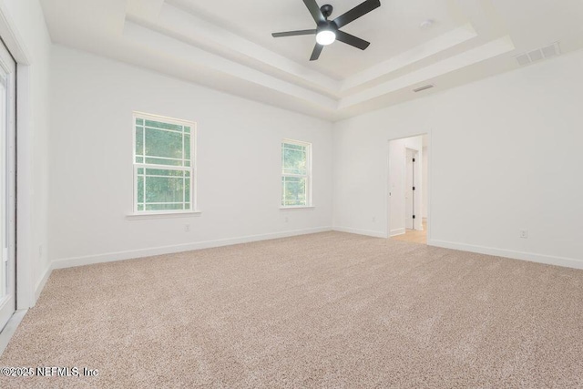 unfurnished room featuring light carpet, a ceiling fan, a tray ceiling, and a healthy amount of sunlight