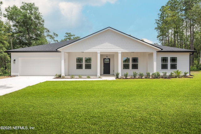 295 SE 57th St, Keystone Heights, FL 32656 - view of front of home featuring concrete driveway, a garage, a front lawn, a porch, and roof with shingles