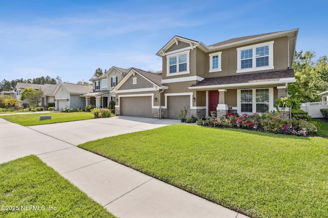 124 Sarah Elizabeth Dr, Saint Johns, FL 32259 - craftsman-style home featuring driveway, a front yard, an attached garage, stucco siding, and stone siding