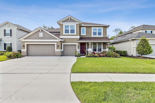 124 Sarah Elizabeth Dr, Saint Johns, FL 32259 - craftsman-style home with a garage, stone siding, stucco siding, concrete driveway, and a front yard