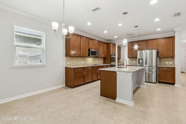 124 Sarah Elizabeth Dr, Saint Johns, FL 32259 - kitchen featuring brown cabinets, a sink, stainless steel appliances, crown molding, and visible vents