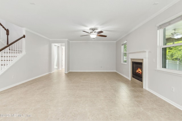 124 Sarah Elizabeth Dr, Saint Johns, FL 32259 - unfurnished living room with stairway, crown molding, a high end fireplace, and ceiling fan