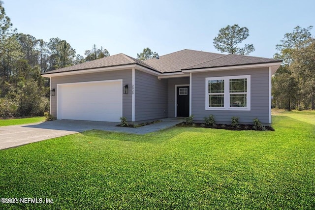 ranch-style house with a front lawn, driveway, and a garage