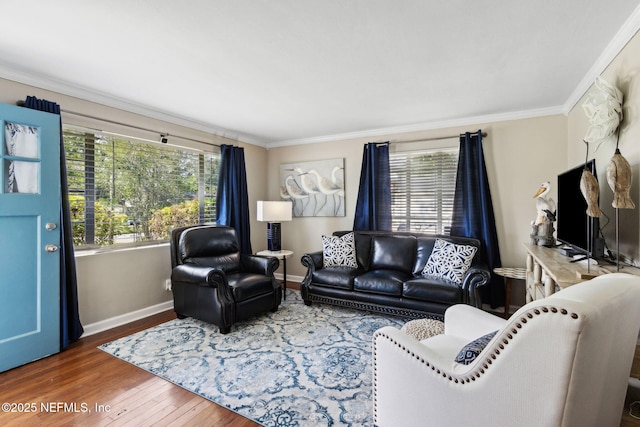 living area featuring baseboards, wood finished floors, ornamental molding, and plenty of natural light
