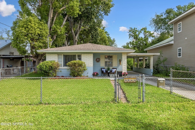 ranch-style house with a gate, a porch, fence private yard, and a front yard
