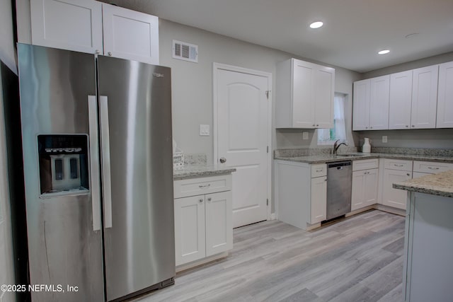 kitchen with a sink, visible vents, white cabinets, and stainless steel appliances