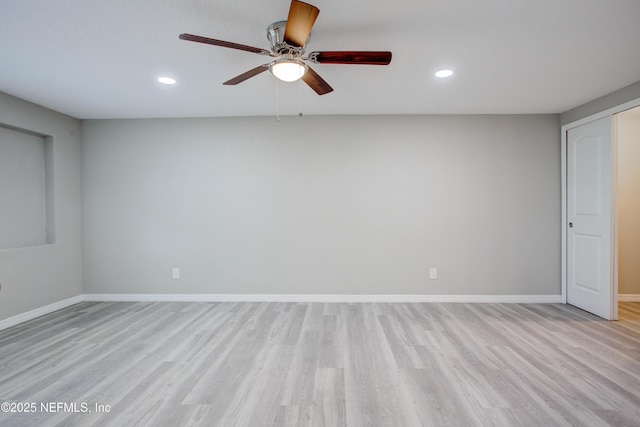 unfurnished room featuring baseboards, recessed lighting, ceiling fan, and light wood-style flooring
