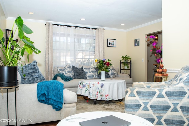 living room featuring recessed lighting and crown molding