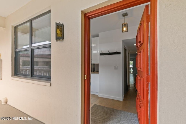 interior space with baseboards and wood finished floors