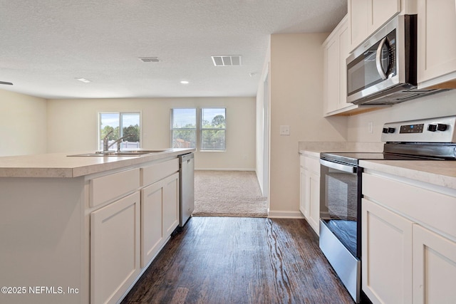 4402 Warm Springs Way, Middleburg, FL 32068 - kitchen with stainless steel appliances, dark wood-style floors, light countertops, a sink, and a textured ceiling