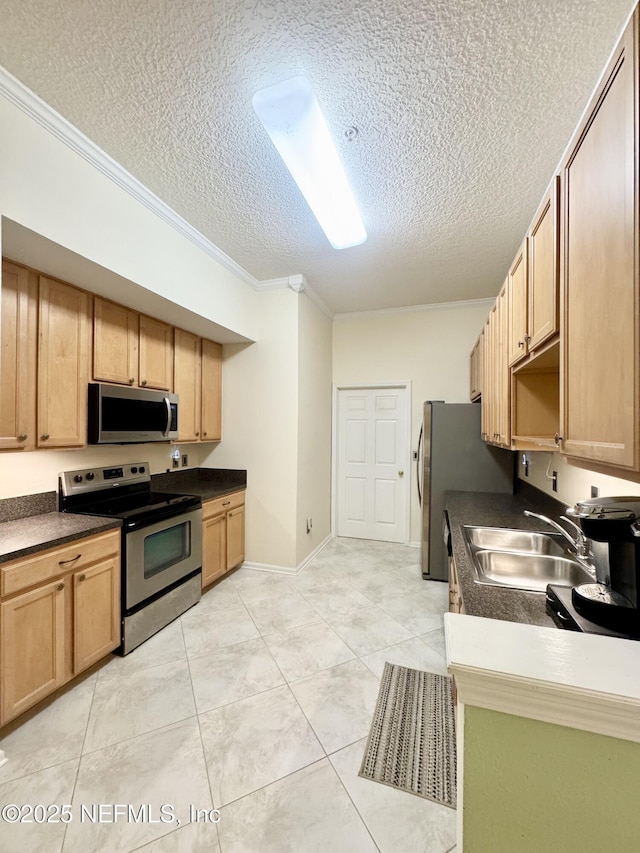 9421 Osprey Branch Trl Unit 4, Jacksonville, FL 32257 - kitchen with a textured ceiling, a sink, dark countertops, stainless steel appliances, and ornamental molding