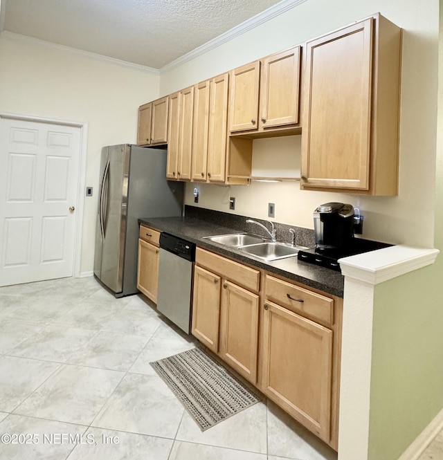 9421 Osprey Branch Trl Unit 4, Jacksonville, FL 32257 - kitchen with light brown cabinets, stainless steel appliances, ornamental molding, dark countertops, and a sink