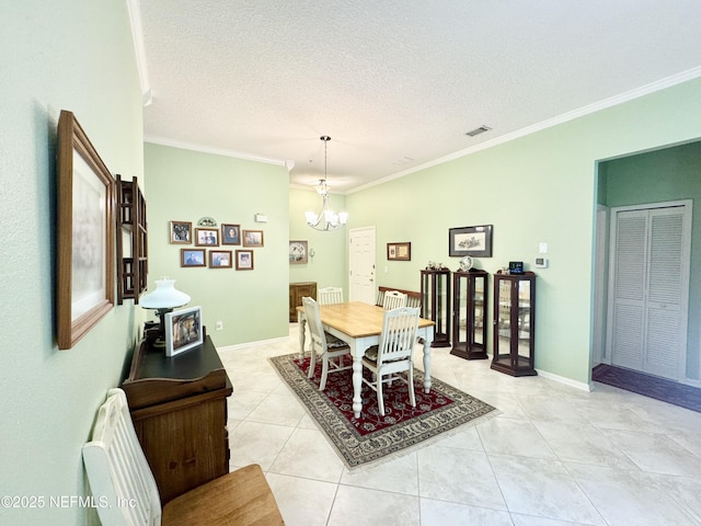 9421 Osprey Branch Trl Unit 4, Jacksonville, FL 32257 - dining room featuring an inviting chandelier, crown molding, visible vents, baseboards, and a textured ceiling