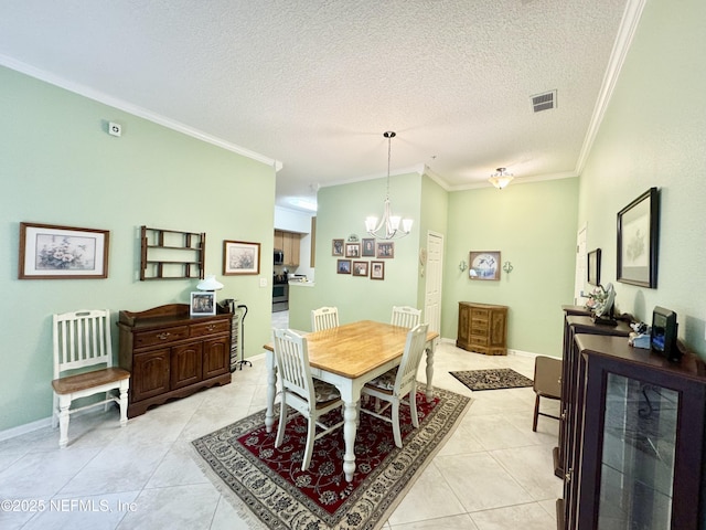 9421 Osprey Branch Trl Unit 4, Jacksonville, FL 32257 - dining space with light tile patterned floors, ornamental molding, visible vents, a notable chandelier, and a textured ceiling