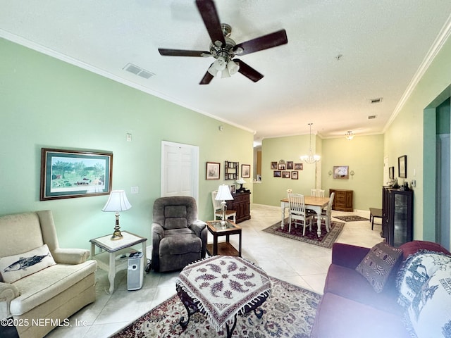 9421 Osprey Branch Trl Unit 4, Jacksonville, FL 32257 - living room featuring a textured ceiling, crown molding, visible vents, light tile patterned flooring, and ceiling fan with notable chandelier
