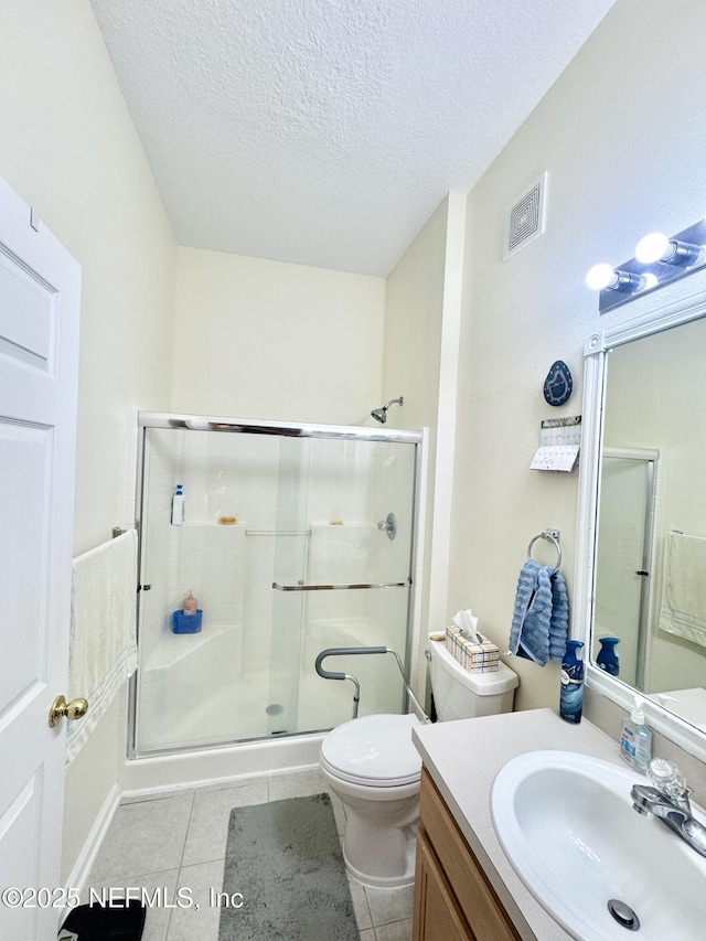 9421 Osprey Branch Trl Unit 4, Jacksonville, FL 32257 - bathroom with vanity, tile patterned floors, a stall shower, visible vents, and a textured ceiling